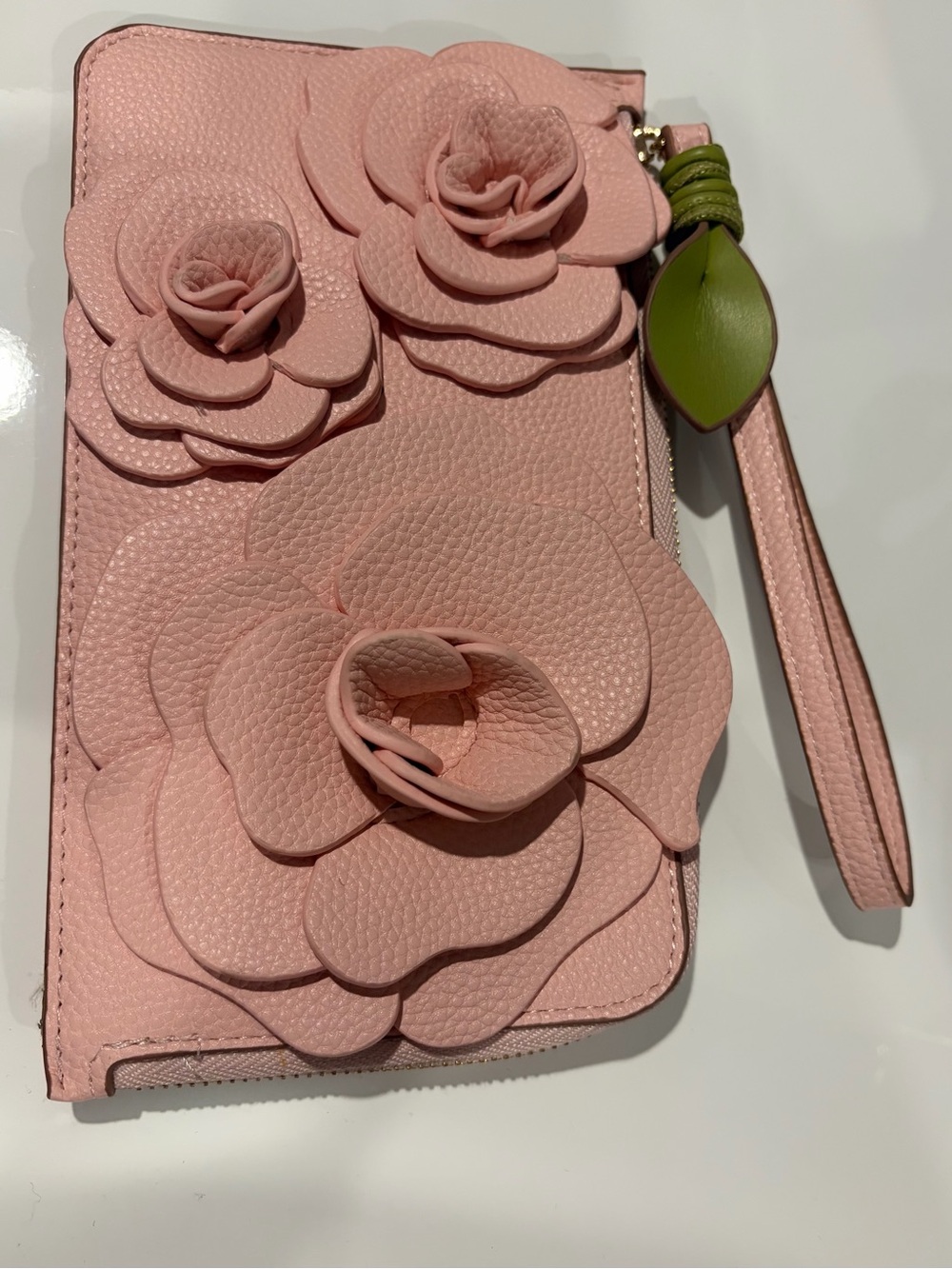 Nanette Lepore Pink Floral Applique Wristlet with Green Leaf Charm